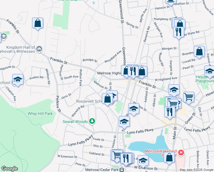 map of restaurants, bars, coffee shops, grocery stores, and more near 343 Vinton Street in Melrose
