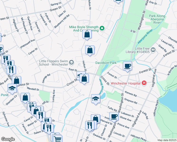 map of restaurants, bars, coffee shops, grocery stores, and more near 1 Holton Street in Winchester