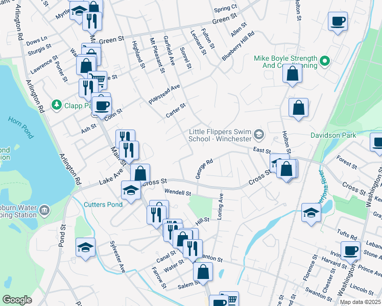 map of restaurants, bars, coffee shops, grocery stores, and more near 33 Arlington Street in Woburn