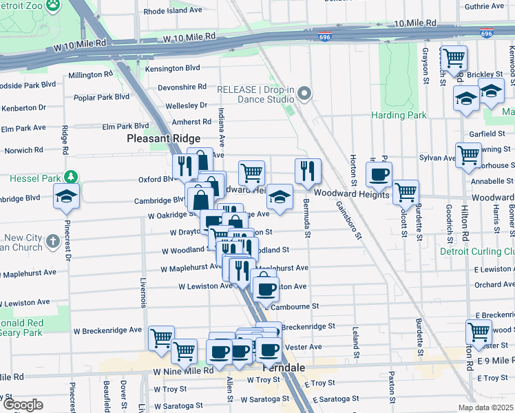 map of restaurants, bars, coffee shops, grocery stores, and more near 271 East Oakridge Avenue in Ferndale