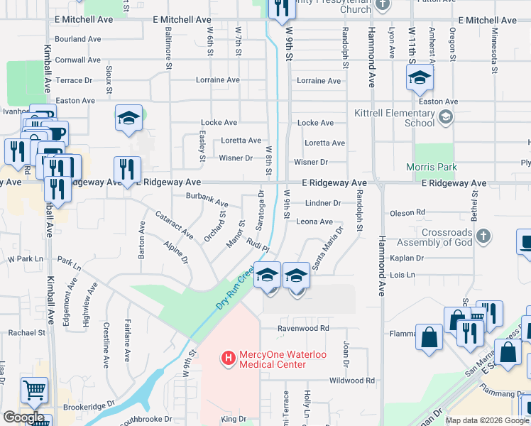 map of restaurants, bars, coffee shops, grocery stores, and more near 2522 Saratoga Drive in Waterloo