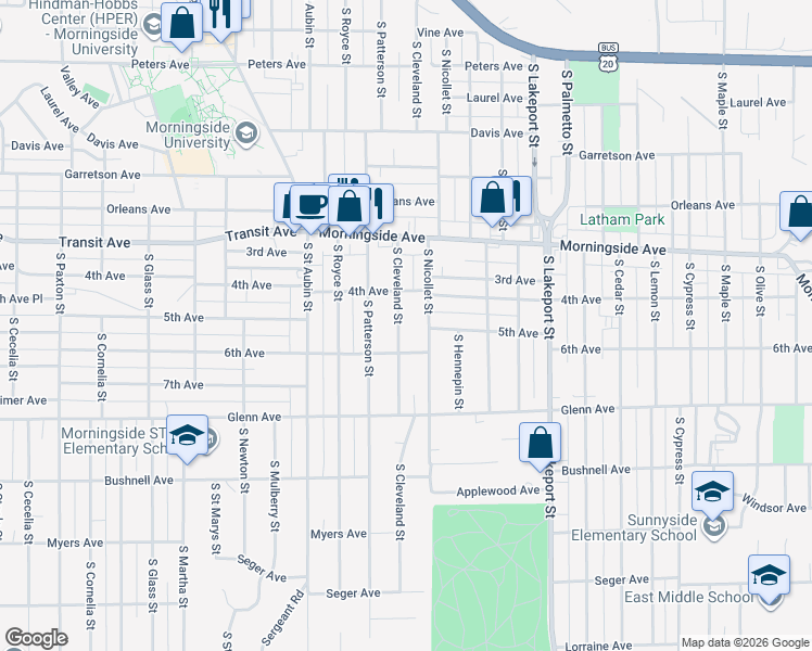 map of restaurants, bars, coffee shops, grocery stores, and more near 2201 South Cleveland Street in Sioux City