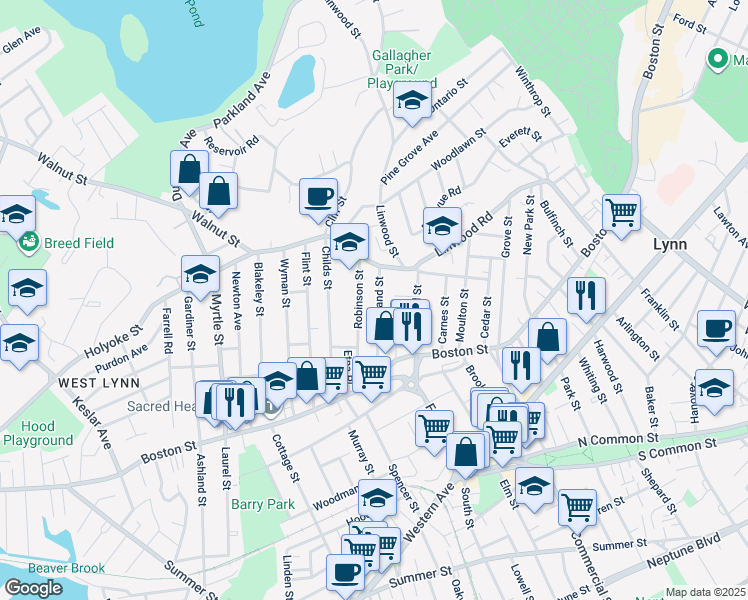 map of restaurants, bars, coffee shops, grocery stores, and more near 74 Kirtland Street in Lynn
