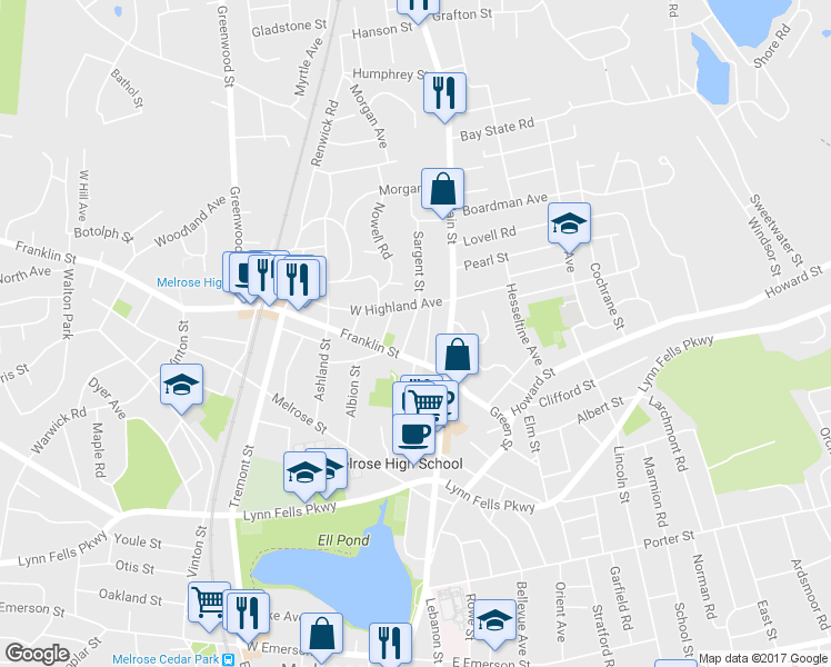 map of restaurants, bars, coffee shops, grocery stores, and more near 19 Sargent Street in Melrose