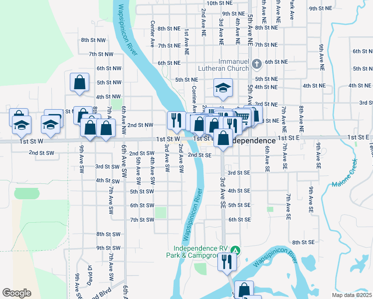 map of restaurants, bars, coffee shops, grocery stores, and more near 124 2nd Avenue Southwest in Independence
