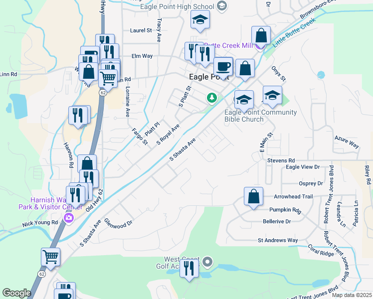 map of restaurants, bars, coffee shops, grocery stores, and more near 507 South Shasta Avenue in Eagle Point