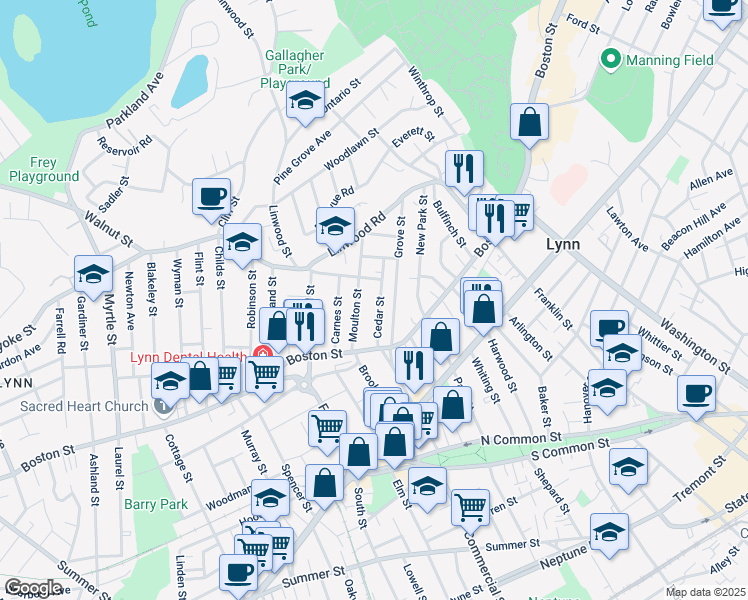 map of restaurants, bars, coffee shops, grocery stores, and more near 44 Cedar Street in Lynn