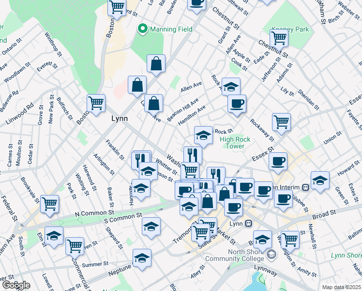 map of restaurants, bars, coffee shops, grocery stores, and more near 70 Rogers Avenue in Lynn