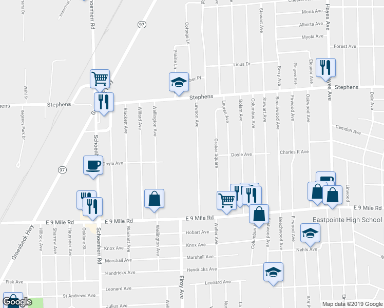 map of restaurants, bars, coffee shops, grocery stores, and more near 23341 Lawson Avenue in Warren