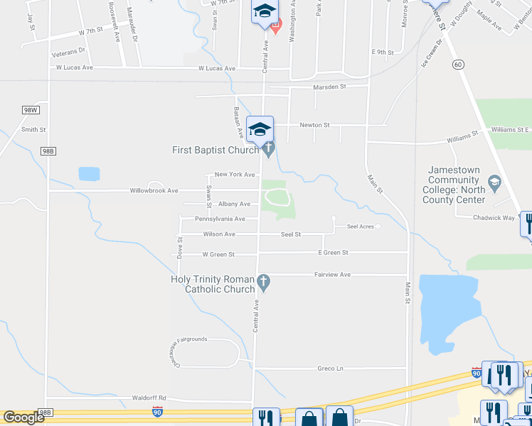 map of restaurants, bars, coffee shops, grocery stores, and more near 938 Central Avenue in Dunkirk