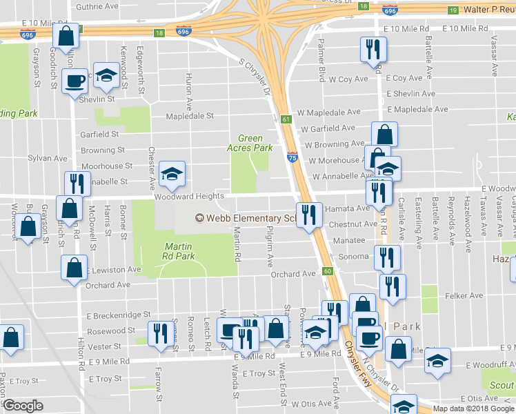 map of restaurants, bars, coffee shops, grocery stores, and more near 2315 Hamata Street in Ferndale