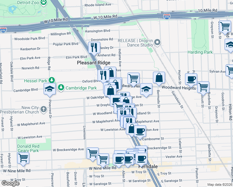 map of restaurants, bars, coffee shops, grocery stores, and more near 23622 Woodward Avenue in Pleasant Ridge