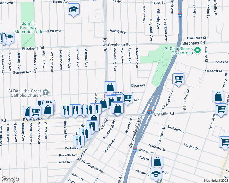 map of restaurants, bars, coffee shops, grocery stores, and more near 23005 Petersburg Avenue in Eastpointe