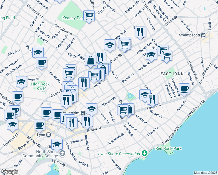 map of restaurants, bars, coffee shops, grocery stores, and more near 122-124 Chestnut Street in Lynn