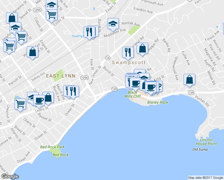 map of restaurants, bars, coffee shops, grocery stores, and more near 77 Humphrey Street in Swampscott