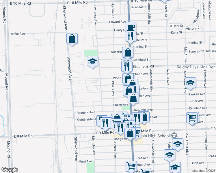 map of restaurants, bars, coffee shops, grocery stores, and more near 7204 Ready Avenue in Warren