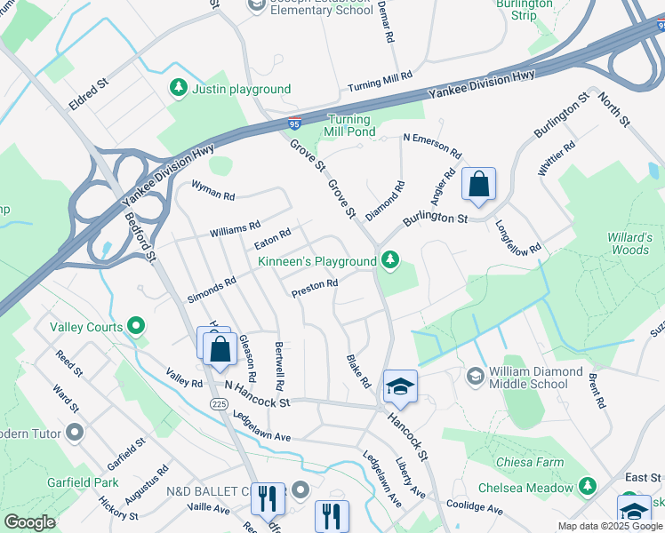 map of restaurants, bars, coffee shops, grocery stores, and more near 91 Blake Road in Lexington