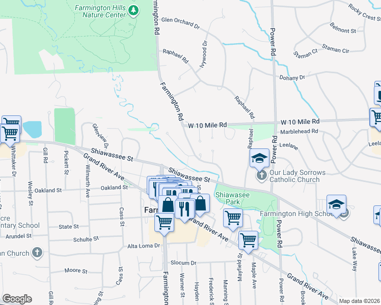map of restaurants, bars, coffee shops, grocery stores, and more near 24116 Twin Valley Court in Farmington