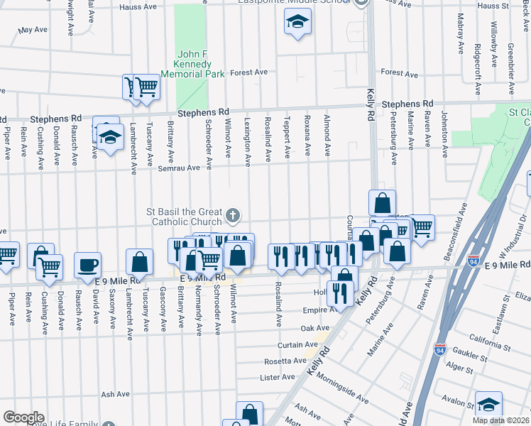 map of restaurants, bars, coffee shops, grocery stores, and more near 23023 Rosalind Avenue in Eastpointe