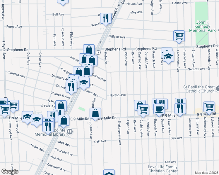 map of restaurants, bars, coffee shops, grocery stores, and more near 23061 Melrose Avenue in Eastpointe