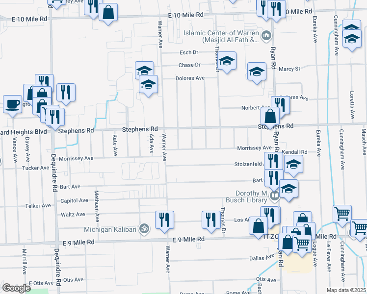 map of restaurants, bars, coffee shops, grocery stores, and more near 23808 Karen Ave in Warren