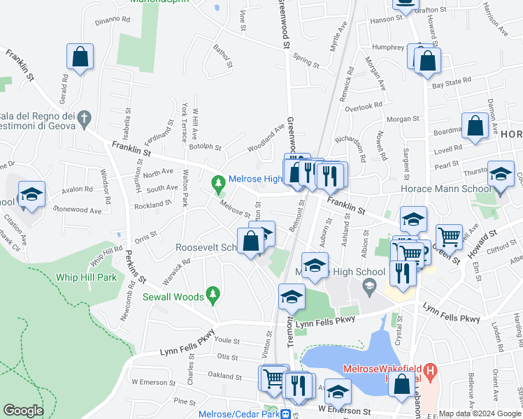 map of restaurants, bars, coffee shops, grocery stores, and more near 343 Vinton Street in Melrose
