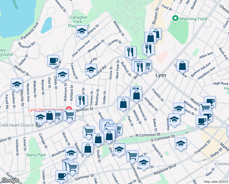 map of restaurants, bars, coffee shops, grocery stores, and more near 20 New Park Street in Lynn