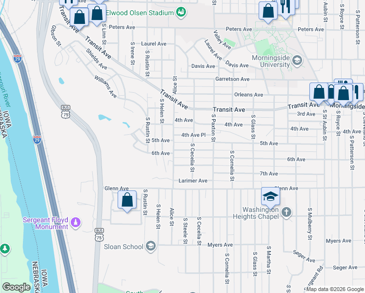 map of restaurants, bars, coffee shops, grocery stores, and more near 3115 5th Avenue in Sioux City