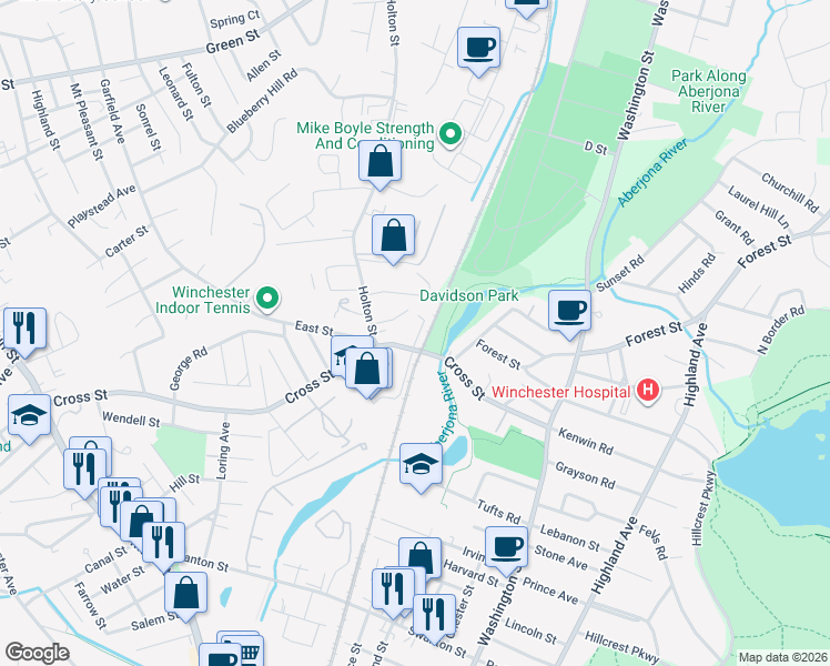 map of restaurants, bars, coffee shops, grocery stores, and more near 149 Cross Street in Winchester