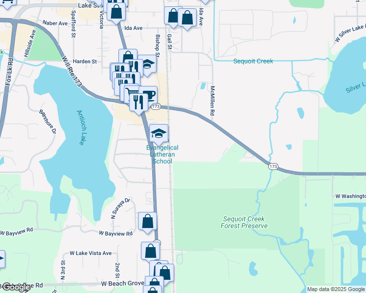 map of restaurants, bars, coffee shops, grocery stores, and more near 118 Illinois 173 in Antioch