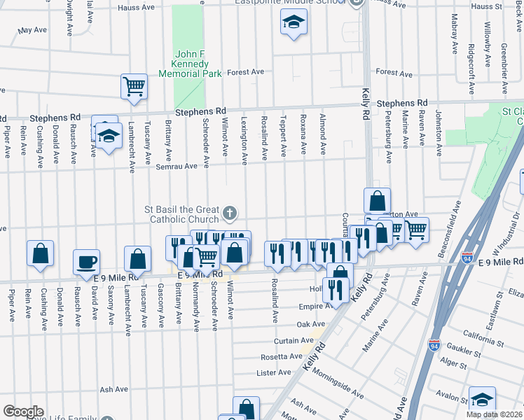 map of restaurants, bars, coffee shops, grocery stores, and more near 23023 Rosalind Avenue in Eastpointe