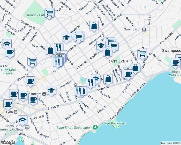 map of restaurants, bars, coffee shops, grocery stores, and more near 14 Bloomfield Street in Lynn