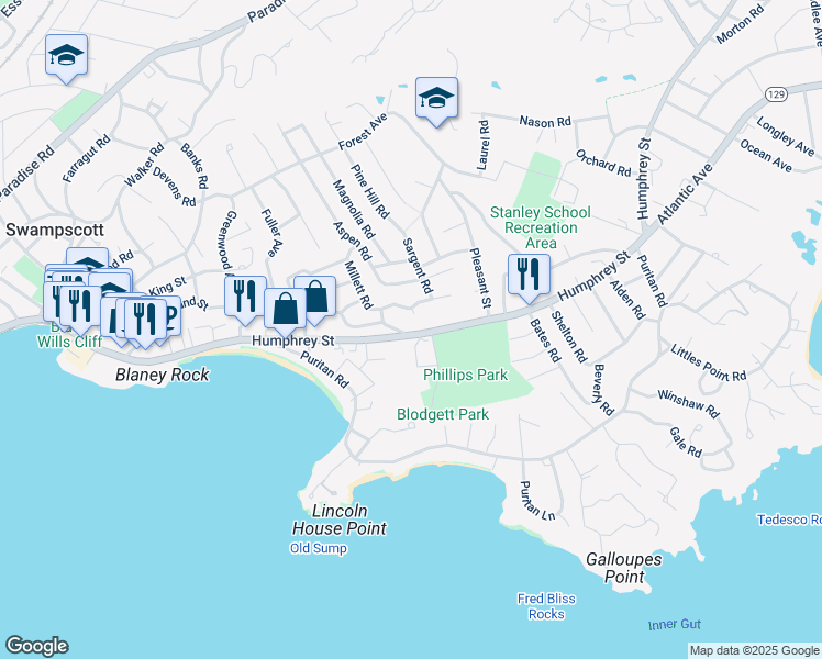 map of restaurants, bars, coffee shops, grocery stores, and more near 2 Millett Road in Swampscott