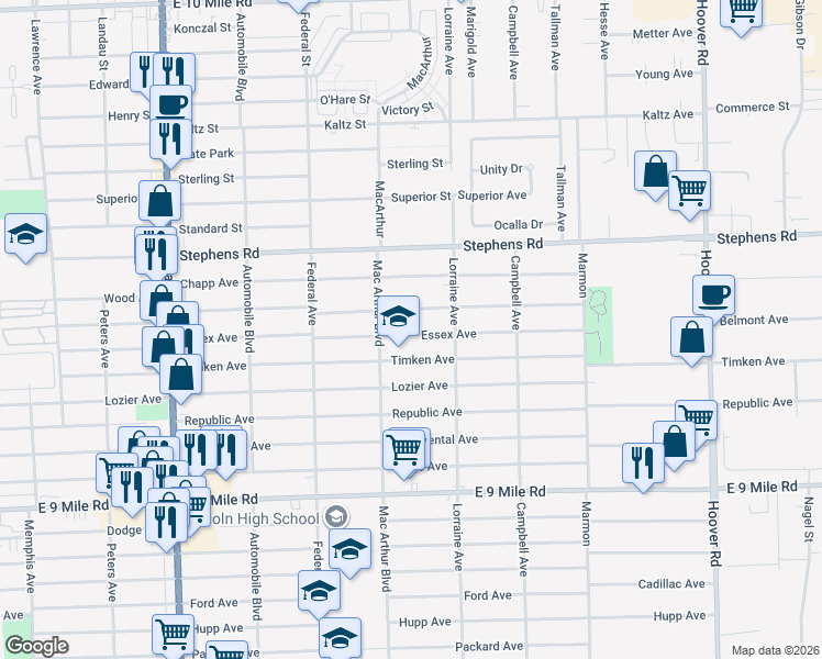 map of restaurants, bars, coffee shops, grocery stores, and more near 8655 Essex Avenue in Warren