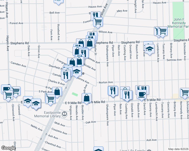 map of restaurants, bars, coffee shops, grocery stores, and more near 23061 Melrose Avenue in Eastpointe