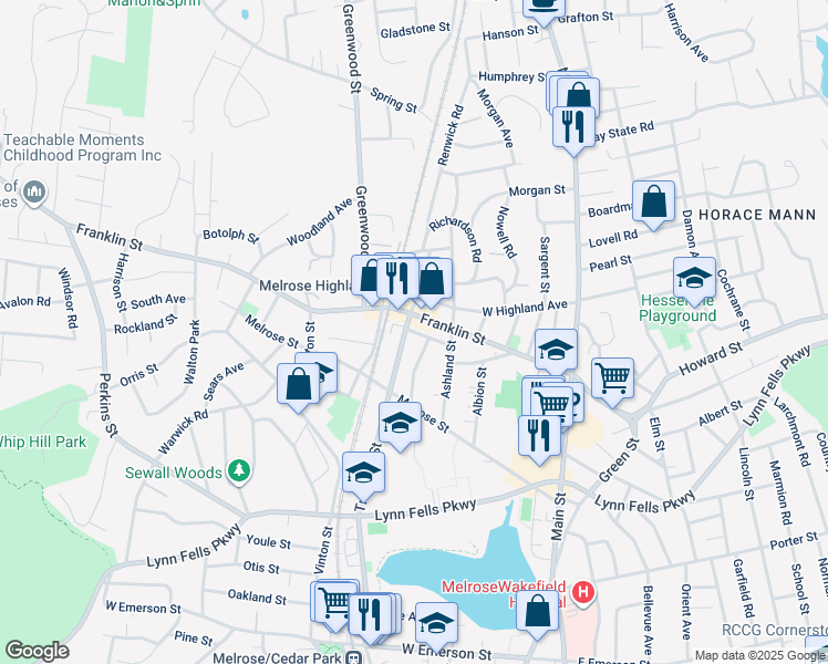 map of restaurants, bars, coffee shops, grocery stores, and more near 38 Ellsworth Avenue in Melrose
