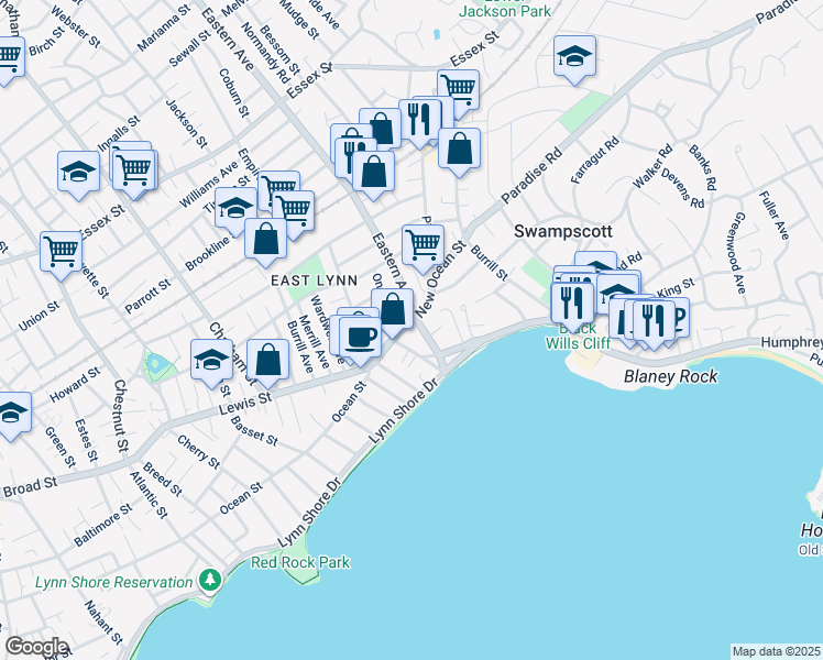 map of restaurants, bars, coffee shops, grocery stores, and more near in Lynn