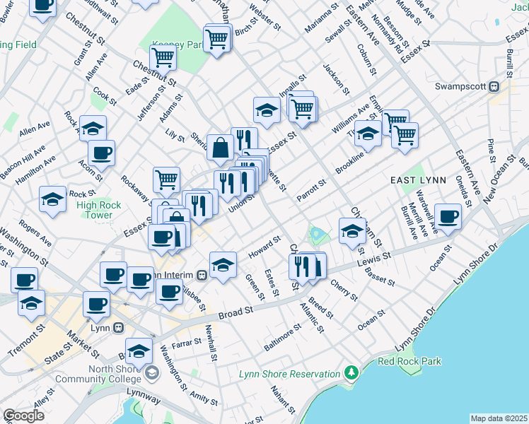 map of restaurants, bars, coffee shops, grocery stores, and more near 122-124 Chestnut Street in Lynn