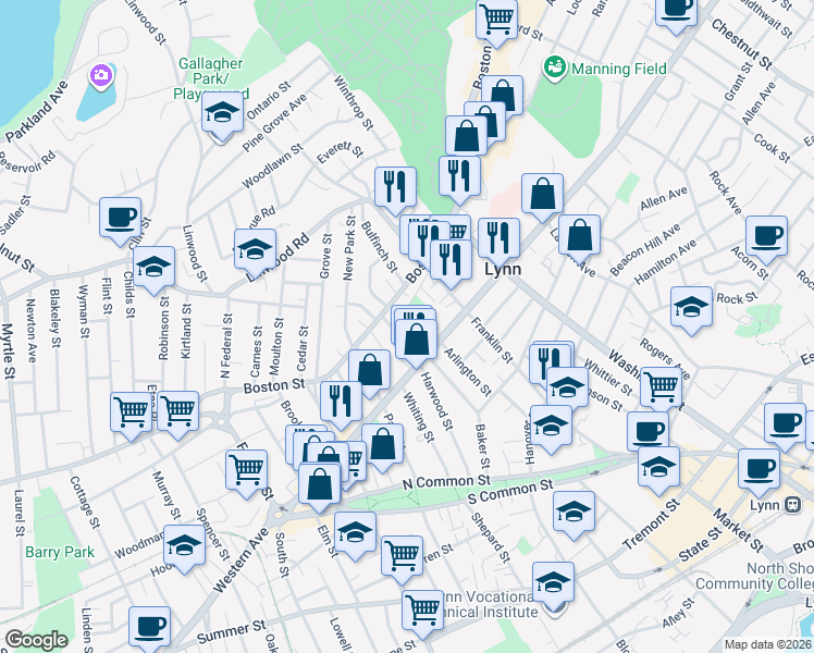 map of restaurants, bars, coffee shops, grocery stores, and more near 23-25 Congress Street in Lynn