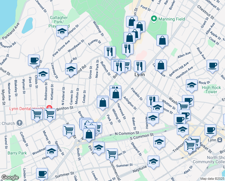 map of restaurants, bars, coffee shops, grocery stores, and more near 23-25 Congress Street in Lynn