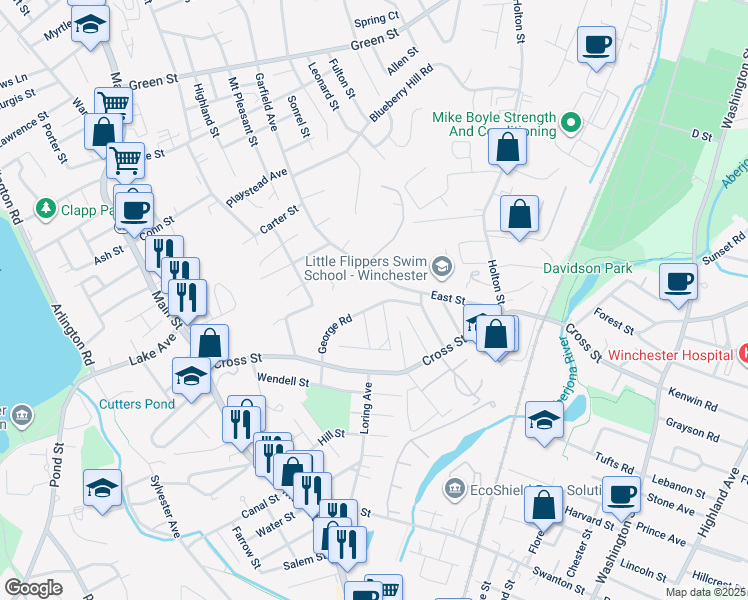 map of restaurants, bars, coffee shops, grocery stores, and more near 31 George Road in Winchester