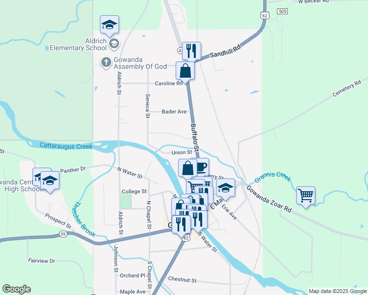 map of restaurants, bars, coffee shops, grocery stores, and more near 31 Union Street in Gowanda