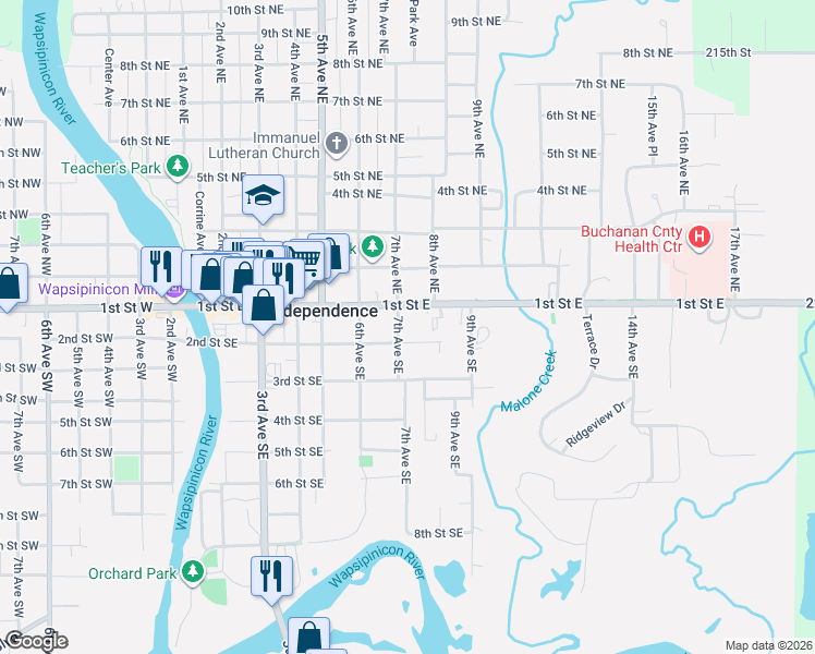 map of restaurants, bars, coffee shops, grocery stores, and more near 700-798 2nd Street Southeast in Independence