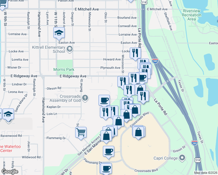 map of restaurants, bars, coffee shops, grocery stores, and more near 1650 Camelot Drive in Waterloo