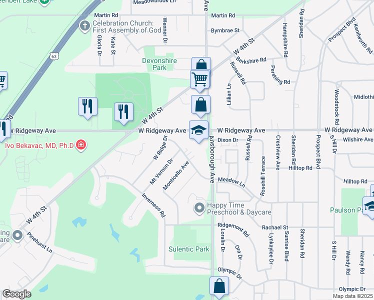 map of restaurants, bars, coffee shops, grocery stores, and more near 3301 Mount Vernon Drive in Waterloo