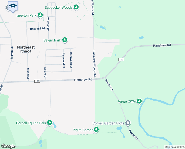 map of restaurants, bars, coffee shops, grocery stores, and more near 104 Sapsucker Woods Road in Ithaca