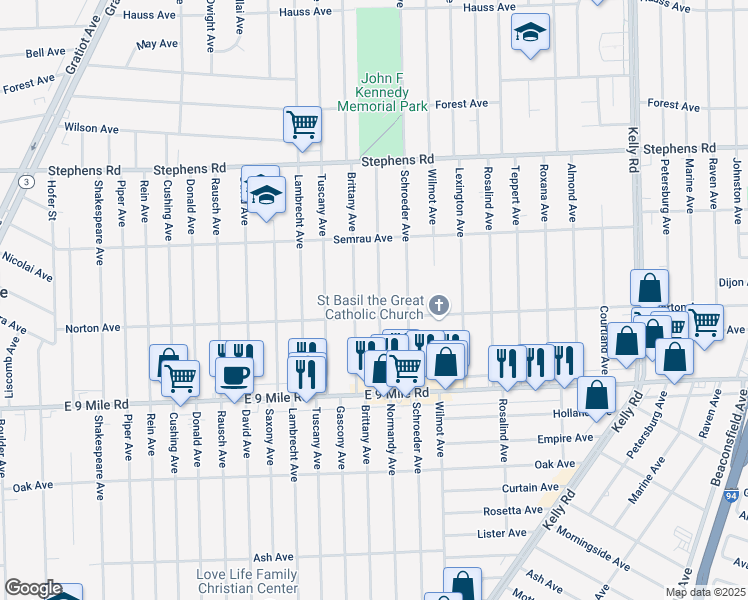 map of restaurants, bars, coffee shops, grocery stores, and more near 23035 Normandy Avenue in Eastpointe