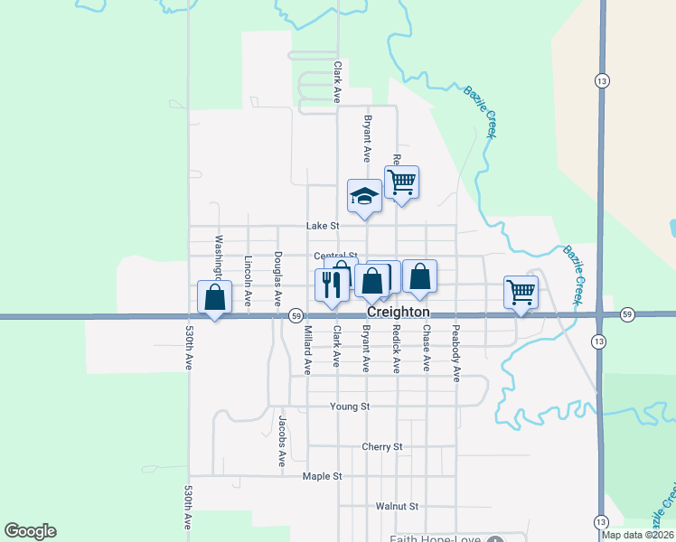 map of restaurants, bars, coffee shops, grocery stores, and more near 650 Clark Avenue in Creighton