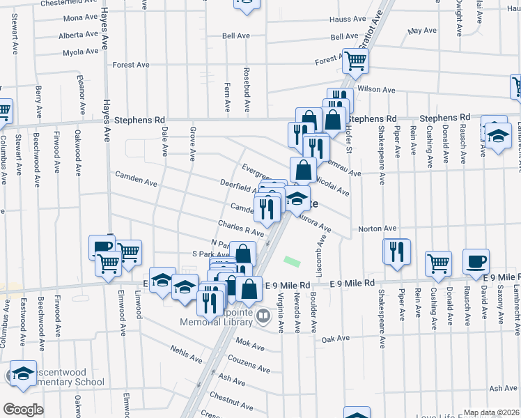 map of restaurants, bars, coffee shops, grocery stores, and more near 15815 Camden Avenue in Eastpointe