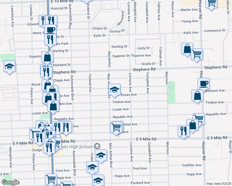 map of restaurants, bars, coffee shops, grocery stores, and more near 8655 Essex Avenue in Warren